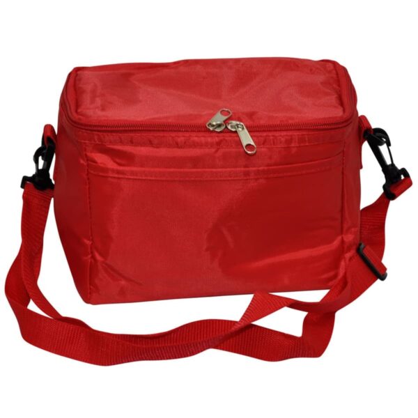 Red insulated cooler bag with a zipper and shoulder strap.