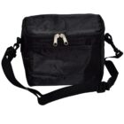 Black zippered shoulder bag with adjustable strap and two front pockets.