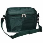 Dark green fabric lunch bag with a zipper and adjustable shoulder strap.