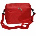 Red insulated cooler bag with a zipper and adjustable shoulder strap.