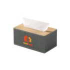Gray tissue box with wooden top, tissue partially pulled out, and Homeware logo on the side.