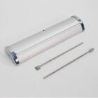 Silver retractable banner stand with two metal rods on a white background.