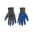 Gray and blue work gloves with rubberized palms and a logo on the back of one glove.