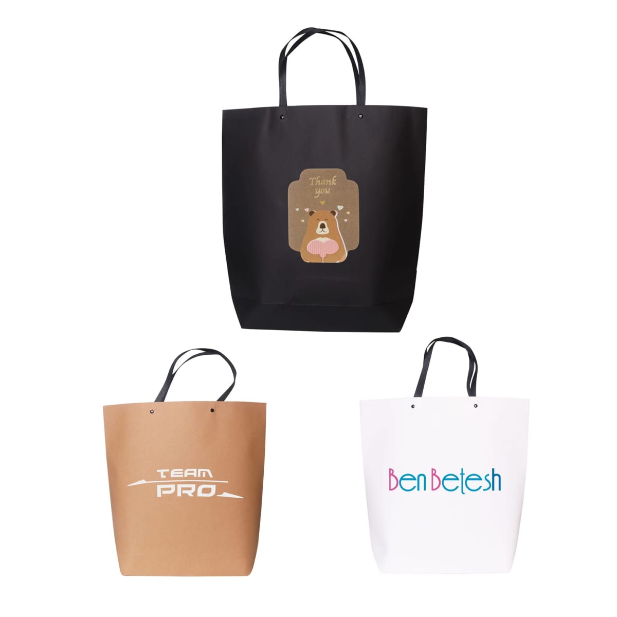 Three tote bags with different designs: a bear, Team Pro, and Benbetesh.