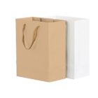 Brown and white paper bags with handles against a white background.