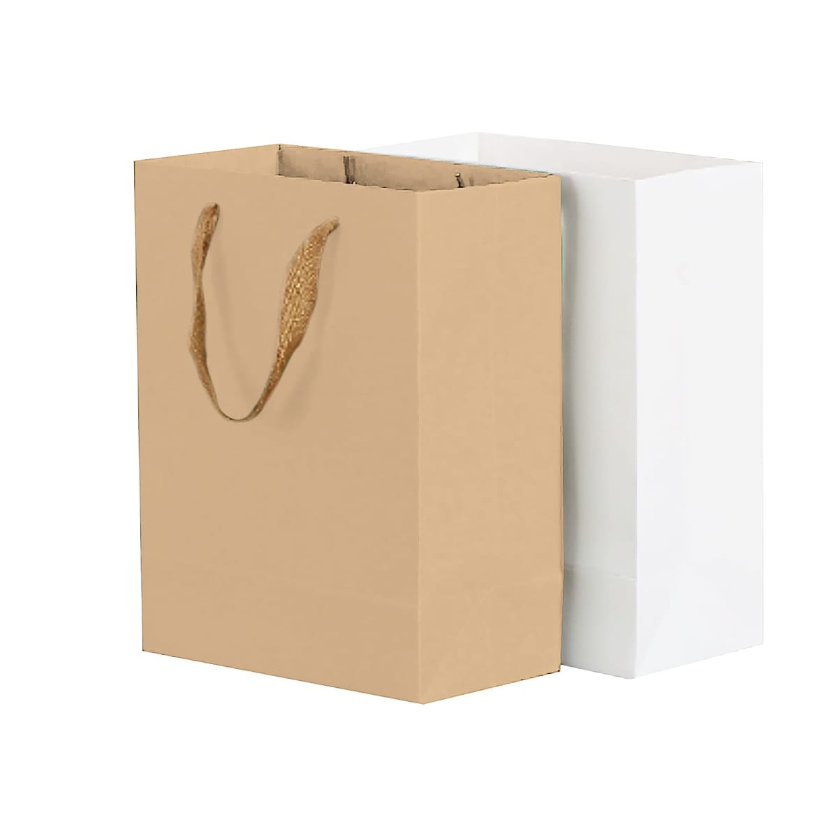 Brown and white paper bags with handles against a white background.