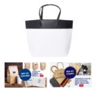 White and black tote bag with options for stickers and stamps below.