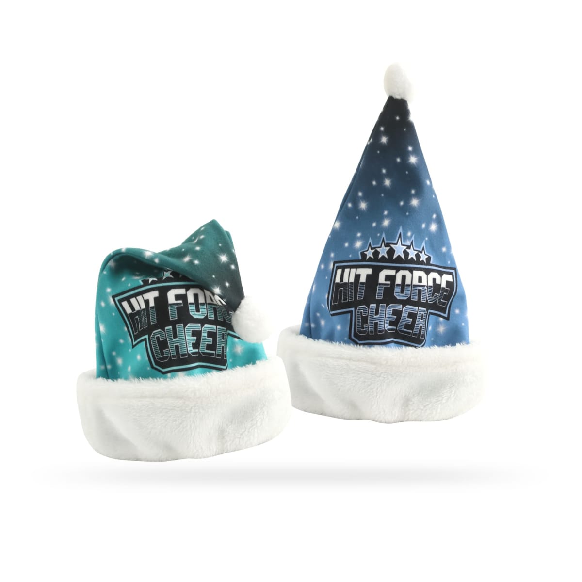 Two festive blue hats with white trim, star designs, and Hit Force Cheer logo.