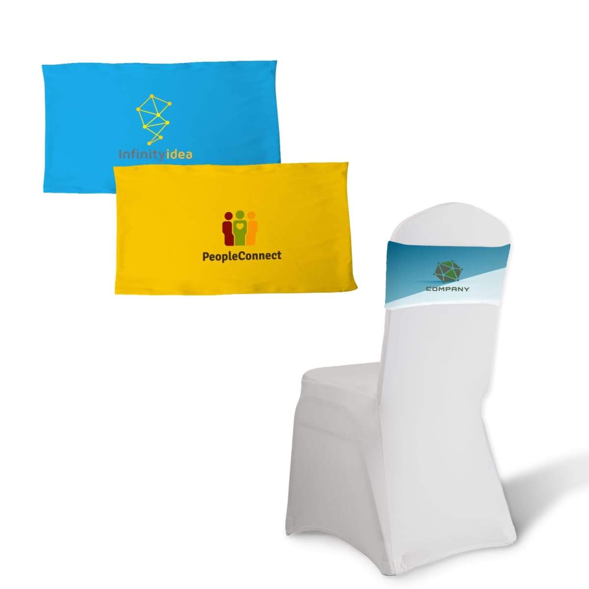 Chair with customizable slipcovers featuring company logos on blue and yellow backgrounds.