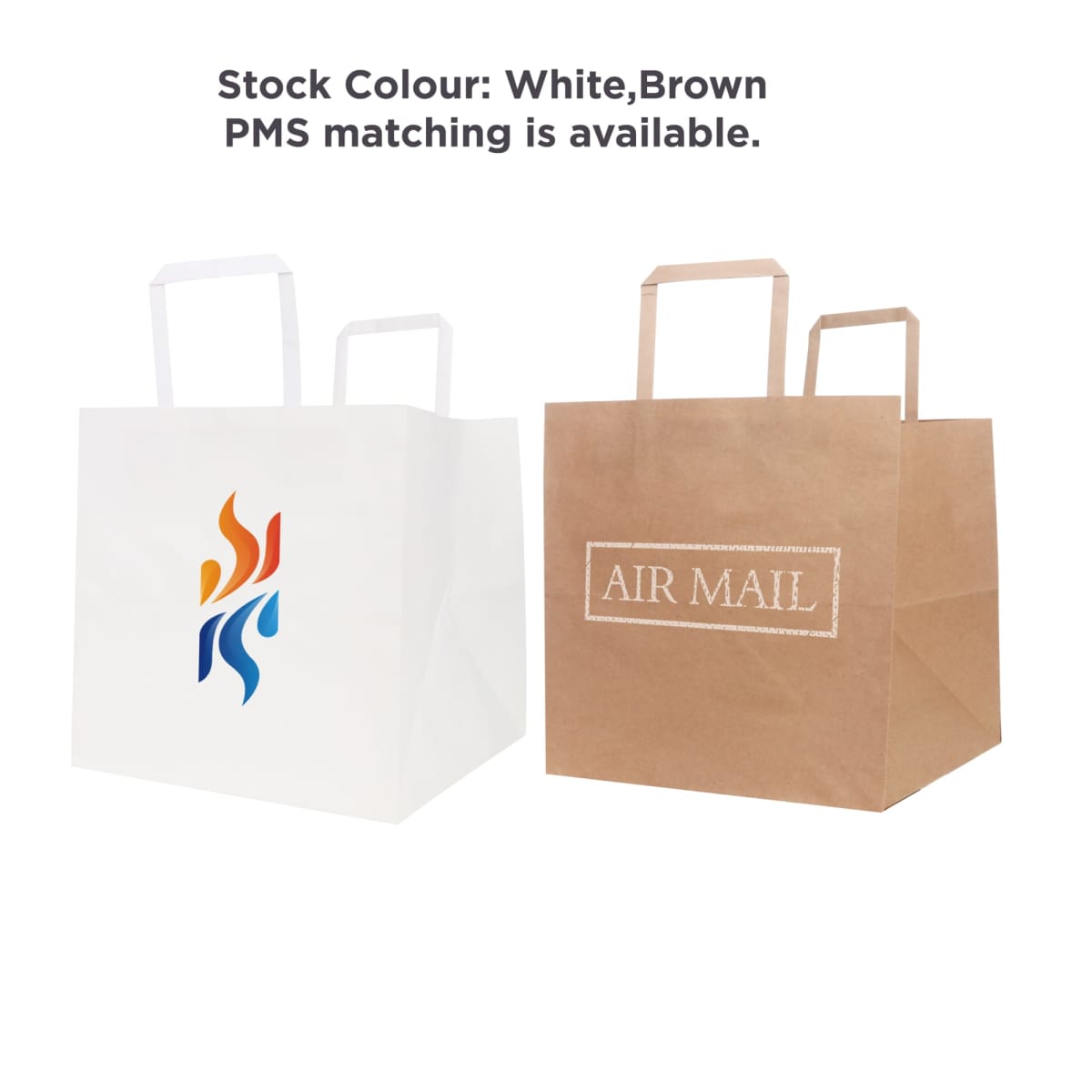 White and brown paper bags with handles; one has a flame logo, the other says AIR MAIL.