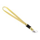 A yellow lanyard with a metal clip and a detachable black buckle. The lanyard forms a loop at one end and attaches to a smaller cord, suitable for holding ID cards or keys.
