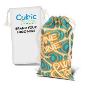 Two fabric bags with drawstrings. One is white with customizable branding text. The other is colorful with orange, teal, and green patterns and the words WINE & DINE in bold letters.
