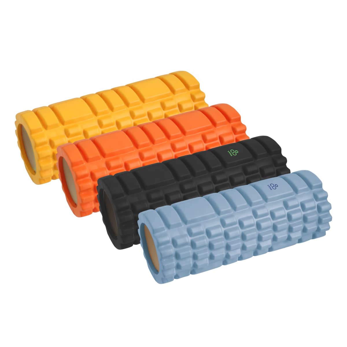 Four textured foam rollers in yellow, orange, black, and blue, stacked in a row.