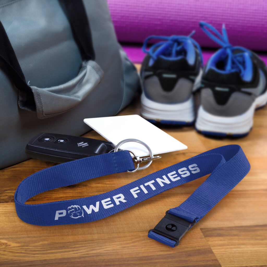 Blue promotional lanyard with company logo printed