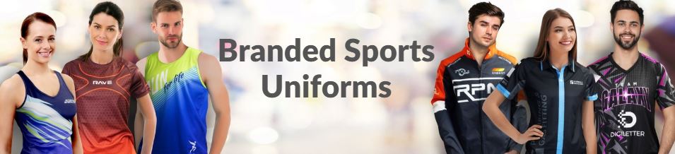 People in custom branded sports uniforms.