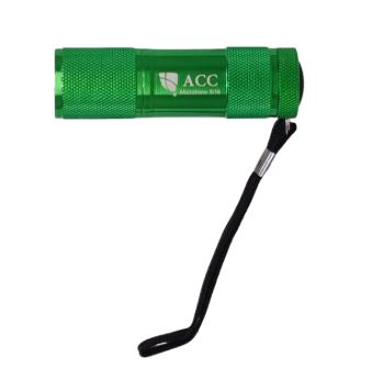 Promotional Green flashlight with a black wrist strap on a white background.