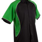 Short-sleeve black shirt with green panels and white piping.