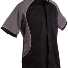 Short-sleeve, two-tone black and gray button-up shirt with white trim.
