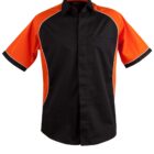 Black and orange short-sleeved shirt with front pocket and white trim.