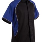 Black and blue short-sleeve shirt with white piping.