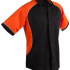 Short-sleeve black shirt with orange accents and white trim on sleeves and sides.