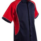 Navy and red short-sleeve shirt with white piping and a button-up front.