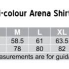 Size chart for Mens Tri-colour Arena Shirt, sizes S to 5XL, detailing chest and length.