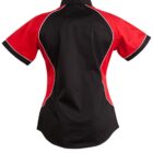 Black and red short-sleeve shirt with white piping, viewed from the back.