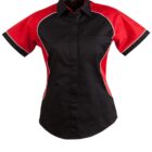 Short-sleeve black and red button-up shirt with white piping and collar.