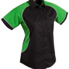 Black and green short-sleeve shirt with white piping and a front pocket.