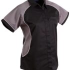 Black and gray short-sleeved shirt with white piping.