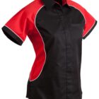 Black and red short-sleeve button-up shirt with white piping detail.