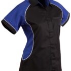 Black and blue short-sleeve bowling shirt with white piping detail.