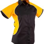 Black and yellow short-sleeve shirt with white trim on sides and sleeves.