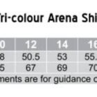 Size chart for Ladies Tri-colour Arena Shirt, sizes 8 to 24, with measurements in cm.