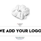 A white scrunchie displayed at the top with measurement lines indicating sublimation size (450mm) and maximum print area (50mm). Below is text saying WE ADD YOUR LOGO in bold, black letters.