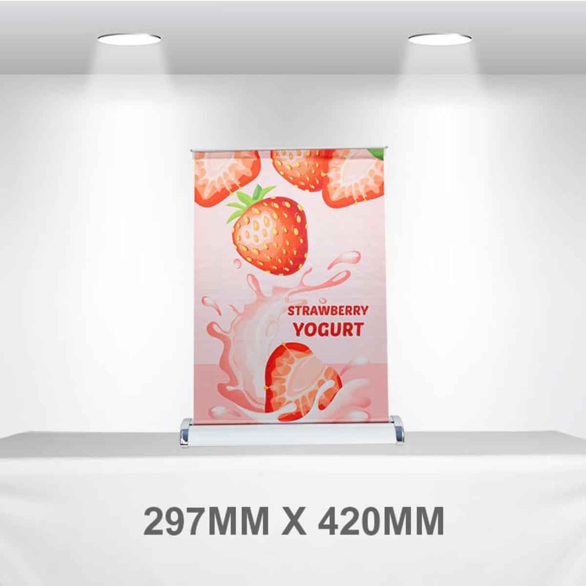 Strawberry yogurt poster with splash and strawberry graphics, size 297mm x 420mm.