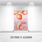 Poster of strawberry yogurt splash with fruit images, under spotlights.