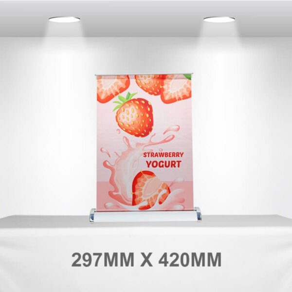 Poster of strawberry yogurt splash with fruit images, under spotlights.