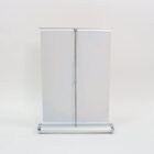 A blank retractable banner stand on a white background.