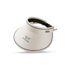 White sun visor with logo and black adjustable strap on a white background.