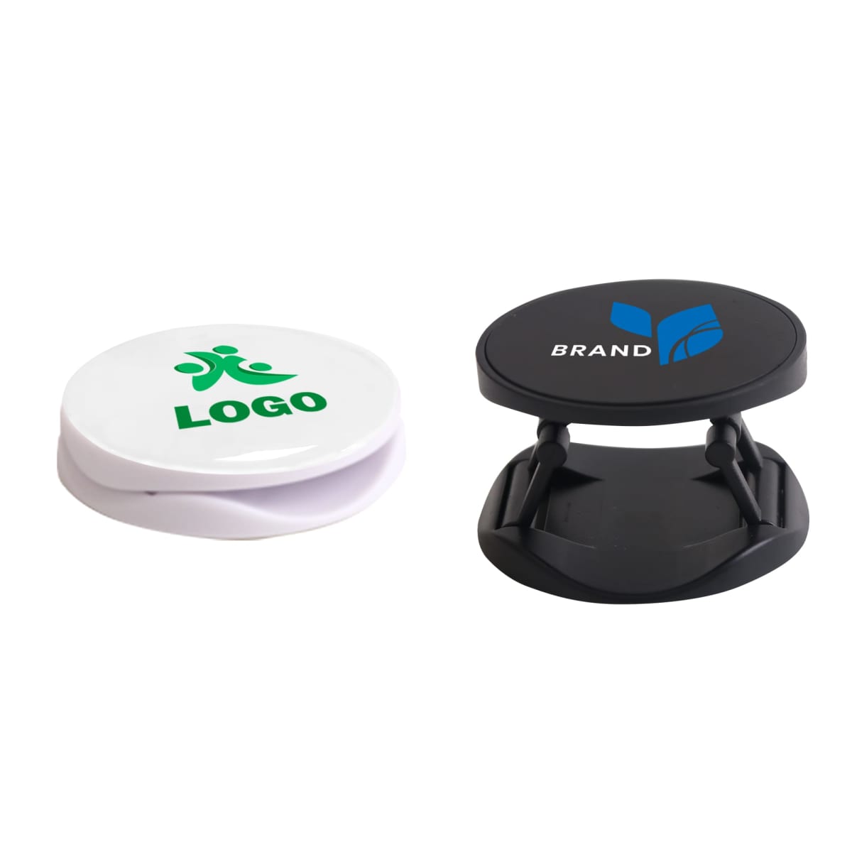 Two circular phone stands, one white and one black, with different logos on each.