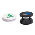 Two round phone stands, one white with a green logo, one black with a blue logo.