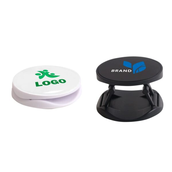 Two round phone stands, one white with a green logo, one black with a blue logo.