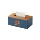 Blue tissue box with wooden top and Homeware logo. Tissue protruding from the opening.