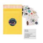 Promotional Yellow package envelope with a personalised text, and assorted customised stickers.