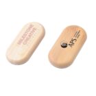 Two wooden USB drives with different logos engraved on each side.