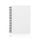 A blank, white spiral-bound notebook is positioned upright against a plain white background. The notebook pages have a glossy finish, and the black spiral coil is visible on the left side.