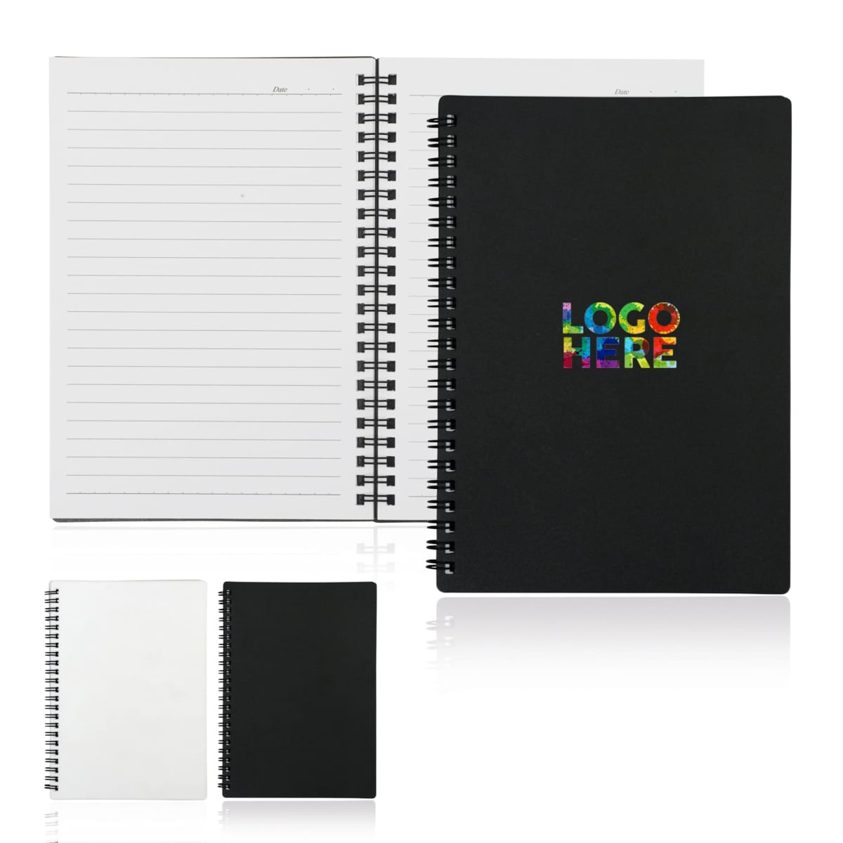 Three spiral notebooks are shown: one open with lined pages, a black one with a colorful Logo Here text, and a white one. They have clean, minimalist designs, displayed on a plain white background.