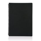 A black spiral-bound notebook with a plain cover, standing upright against a white background. The notebooks cover is simple with no visible text or design.